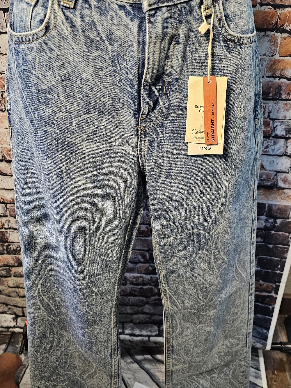 Mango MNG NWT Paisley Print Straight Leg Jeans Size 4 EU 36 Acid Wash Denim Y2K